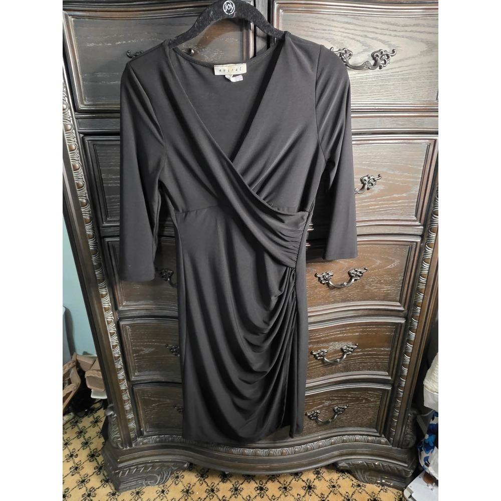 Avital Black Faux Wrap Ruched Sheath Dress 3/4 Sleeve Size M Style 1086
